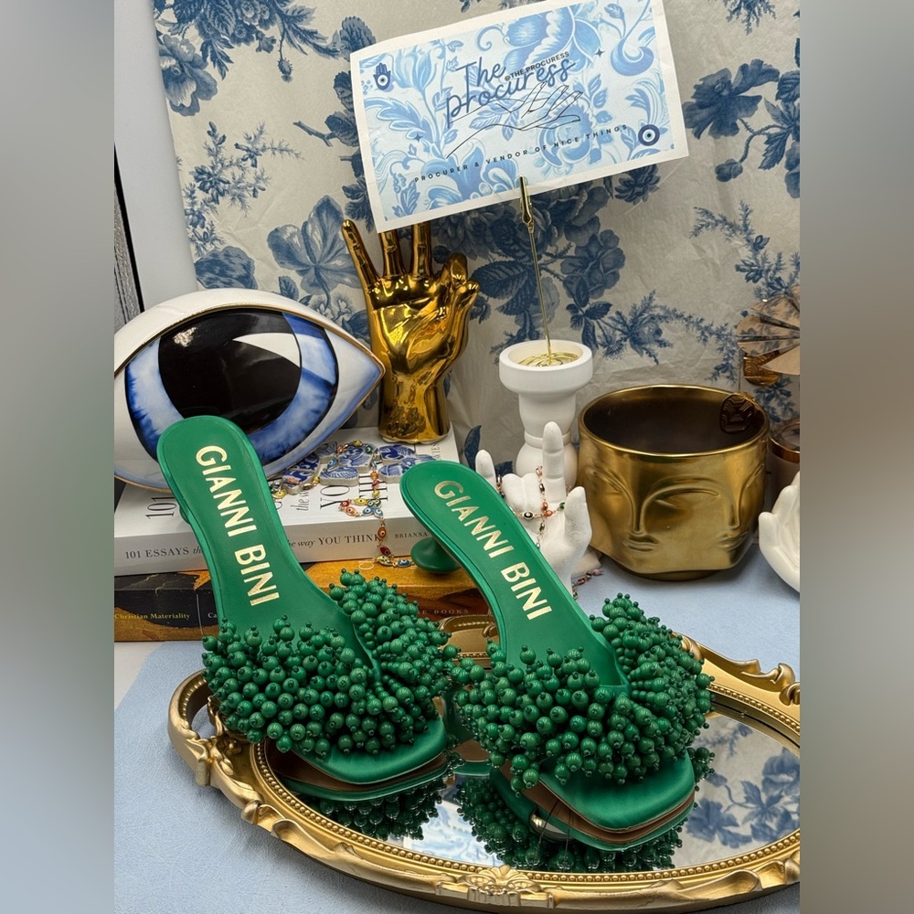 🆕 GIANNI BINI 🧿 NWOB Lonzo Beaded Square Toe Slide Sandals, Savory Green, Sz 8 - Picture 3 of 14